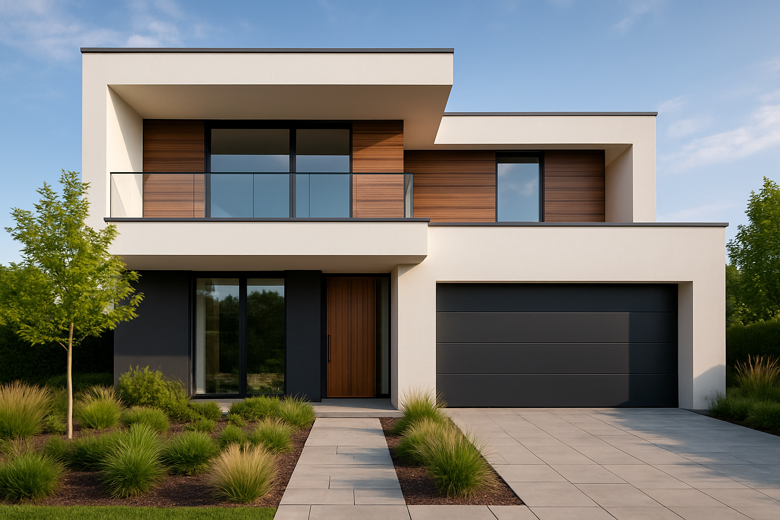 Nowoczesny dom z dużymi oknami, tarasem i elewacją ekologiczną – ilustracja artykułu