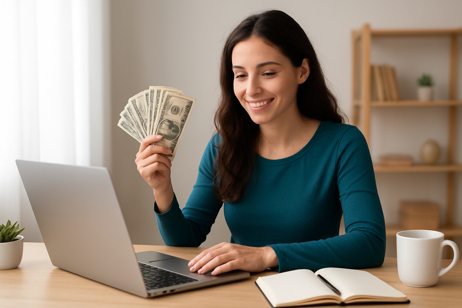 Ilustracja osoby pracującej na laptopie z ikonami symbolizującymi mikrokompetencje i zarabianie online – ilustracja artykułu