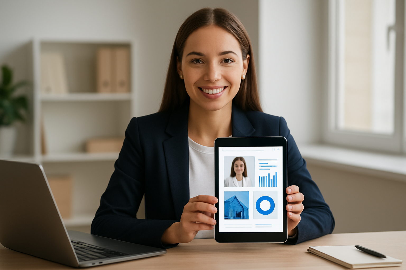 Cyfrowe portfolio pracownika w stylu futurystycznym z elementami interaktywnymi i hologramami – ilustracja artykułu