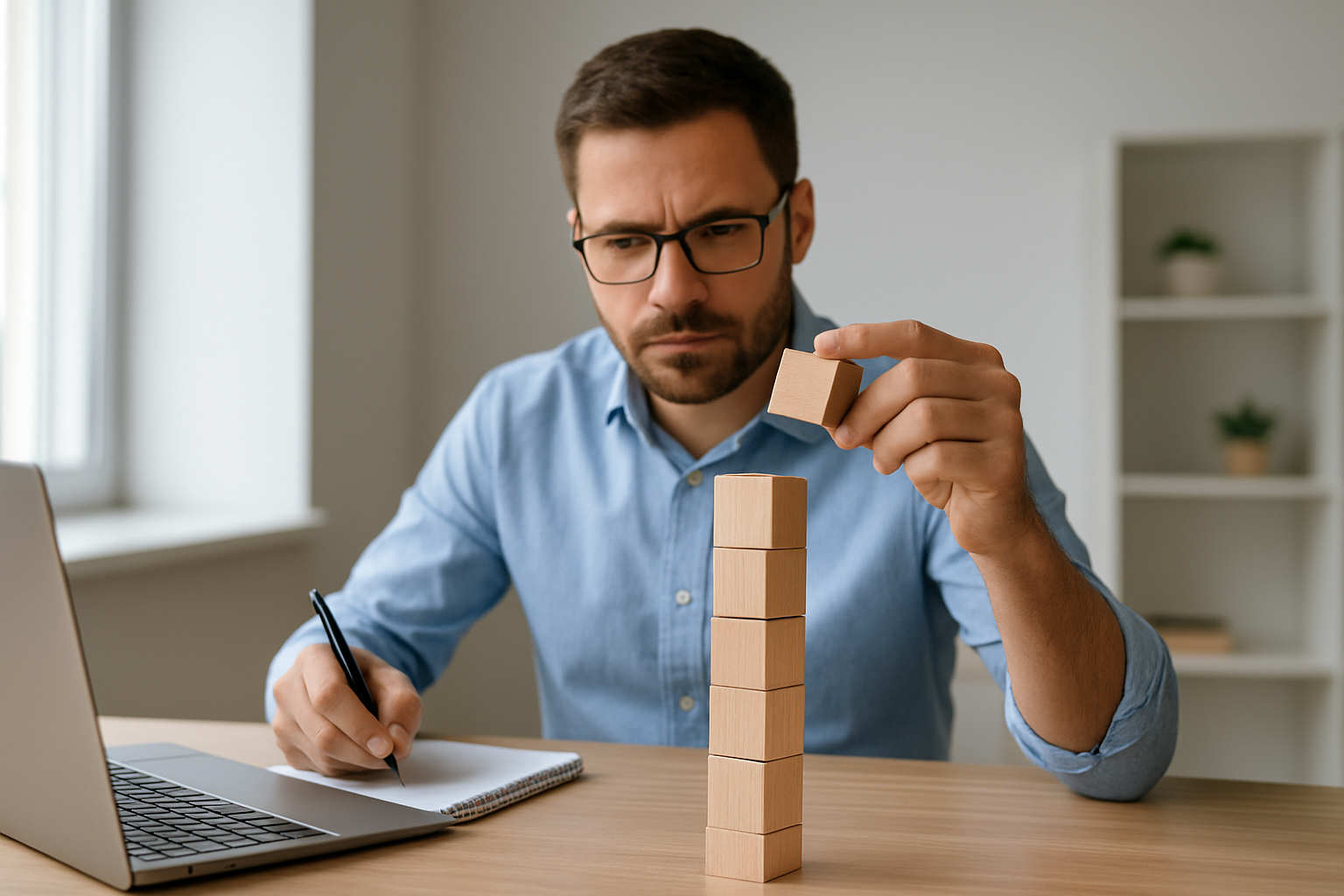 Młody przedsiębiorca testujący pomysł biznesowy na laptopie w nowoczesnym biurze – ilustracja artykułu