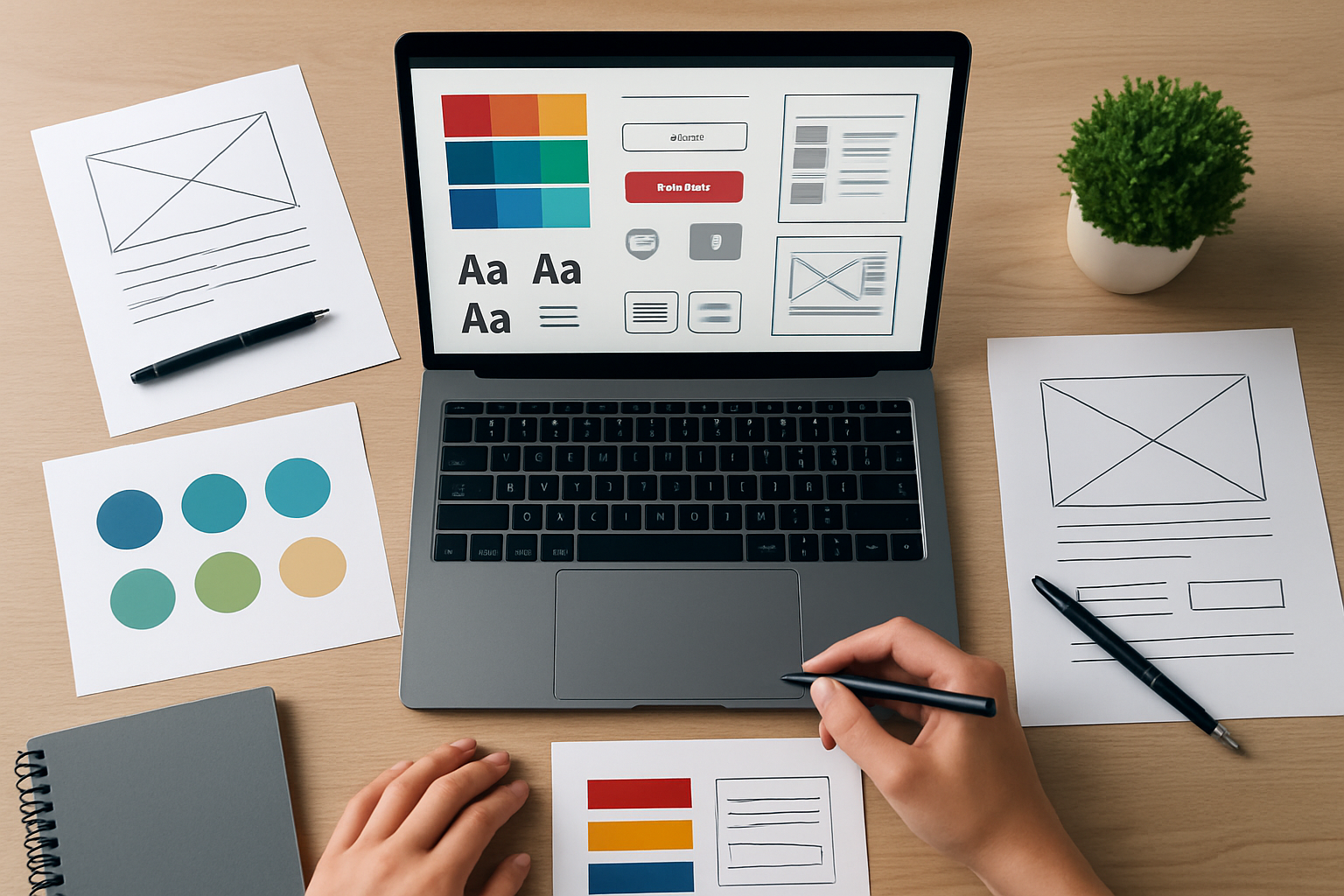 Ilustracja przedstawiająca nowoczesny system designu w minimalistycznym stylu, symbolizujący kreatywność i spójność wizualną marki – ilustracja artykułu