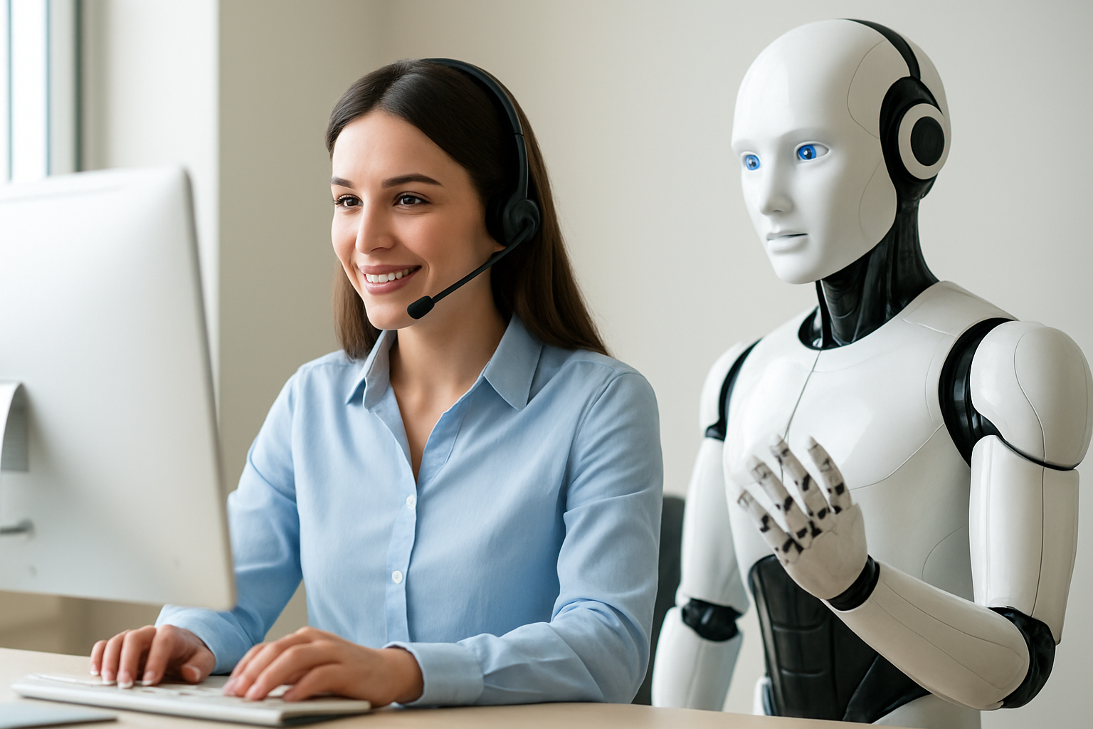 Robot AI obsługujący klienta w nowoczesnym środowisku biurowym – ilustracja artykułu