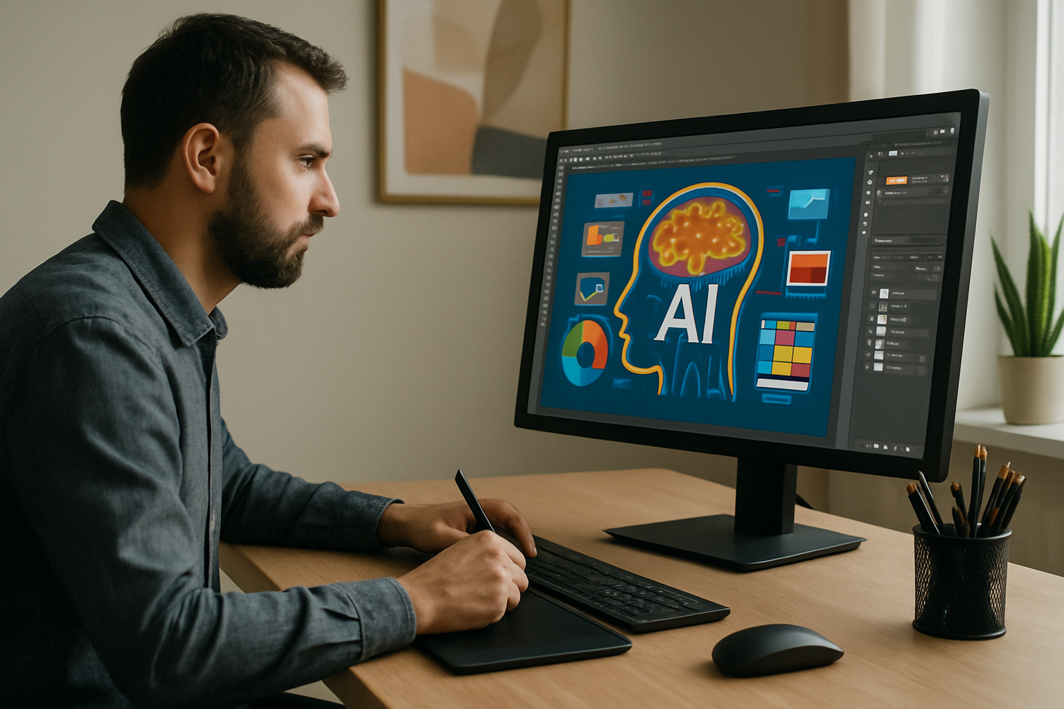 Grafik korzystający z AI do tworzenia projektów graficznych w nowoczesnym studiu – ilustracja artykułu