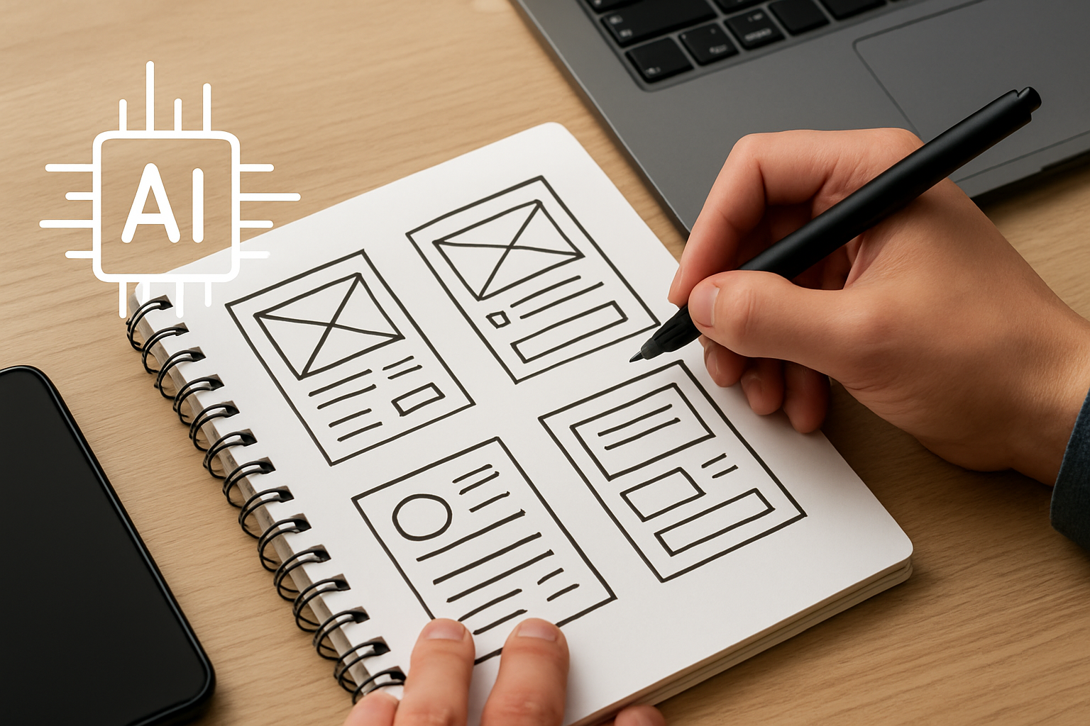 Projektant korzystający z narzędzi AI do szybkiego szkicowania koncepcji UX – ilustracja artykułu