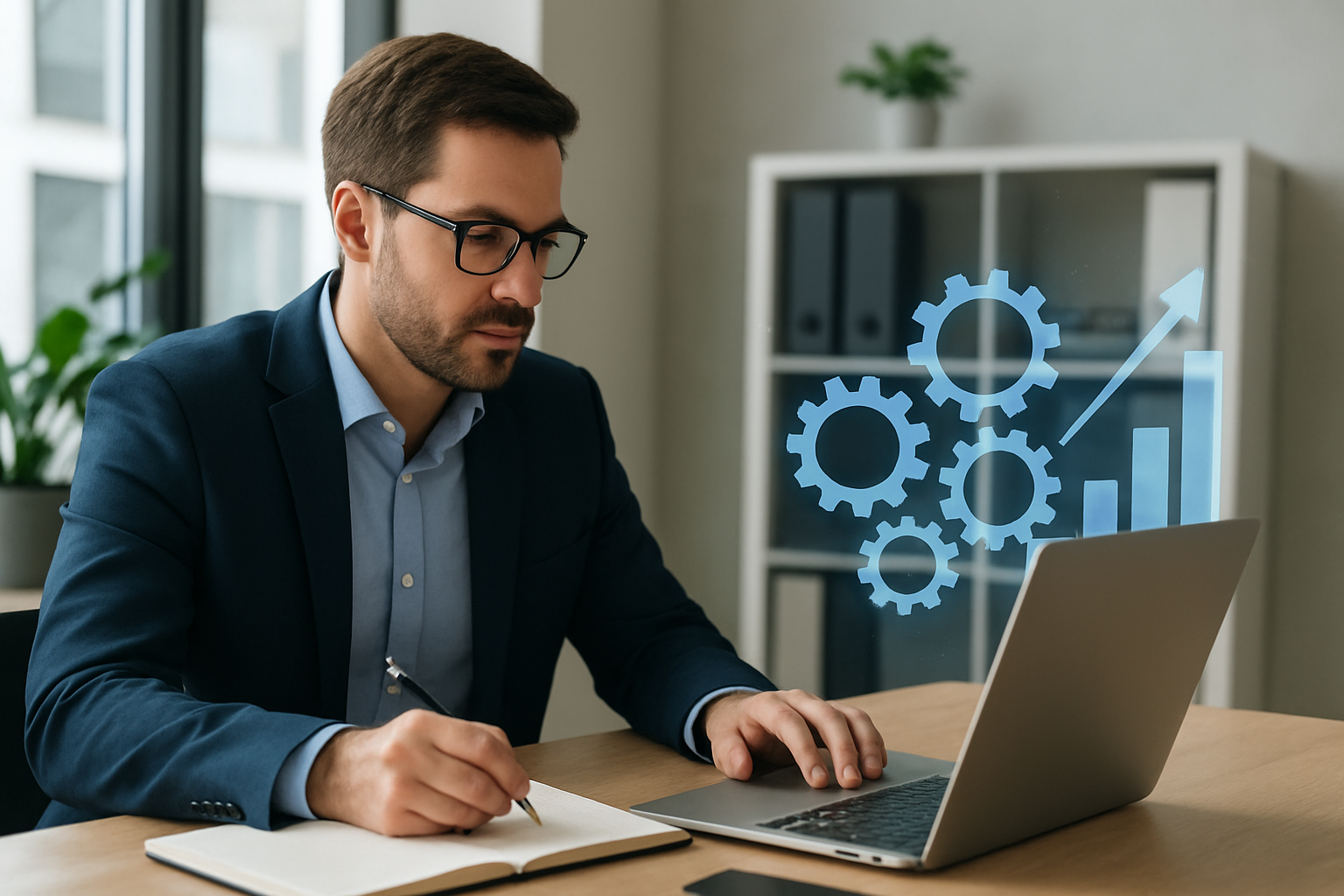 Ilustracja przedstawiająca automatyzację procesów w firmie z nowoczesnym zestawem technologii cyfrowych – ilustracja artykułu