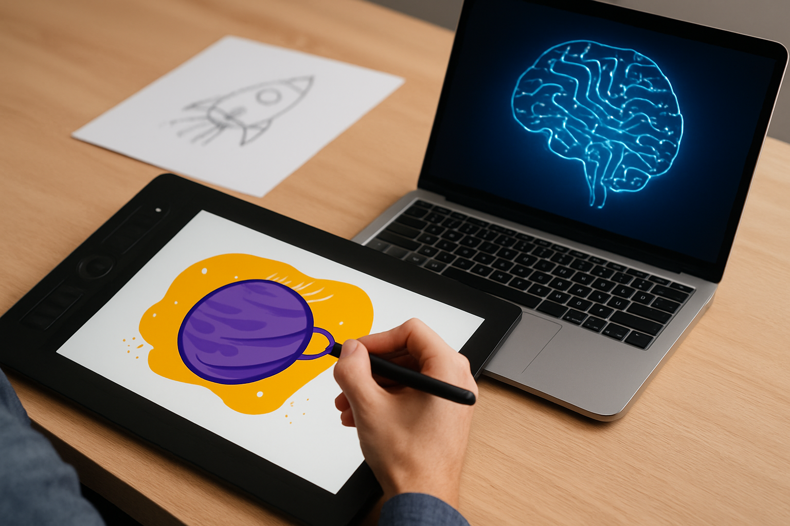 Hybrydowe projektowanie ilustracji łączące sztuczną inteligencję i człowieka w inspirującym studiu artystycznym – ilustracja artykułu