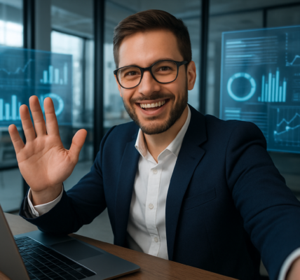 Mały przedsiębiorca pracujący przy komputerze w nowoczesnym biurze, symbolizujący cyfrową transformację