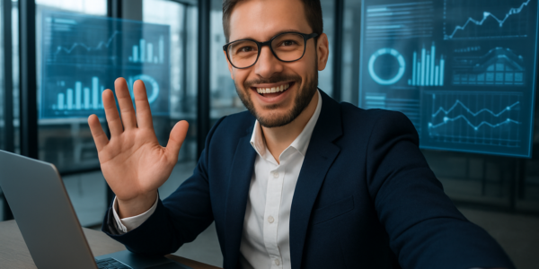 Mały przedsiębiorca pracujący przy komputerze w nowoczesnym biurze, symbolizujący cyfrową transformację