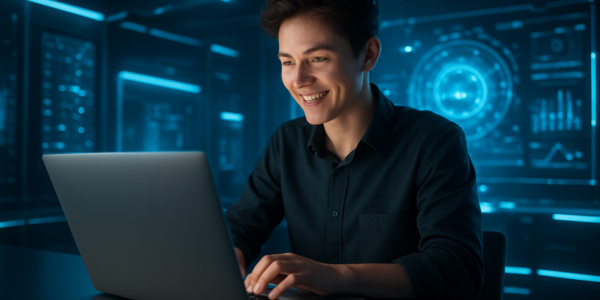 Młoda osoba korzystająca z najnowszych technologii w pracy