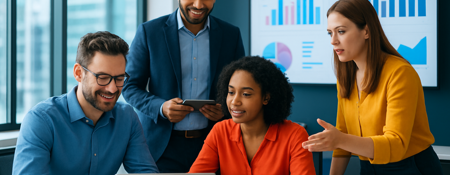 Zespół biznesowy korzystający z nowoczesnych technologii w dynamicznym środowisku biurowym