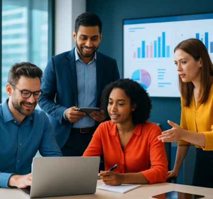 Zespół biznesowy korzystający z nowoczesnych technologii w dynamicznym środowisku biurowym