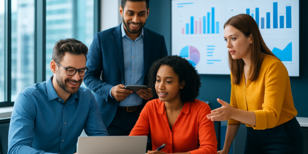 Zespół biznesowy korzystający z nowoczesnych technologii w dynamicznym środowisku biurowym