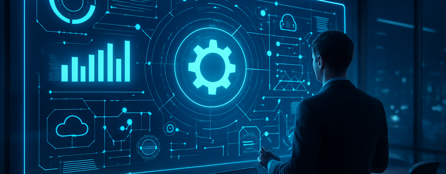 Ilustracja przedstawiająca automatyzację procesów w firmie z nowoczesnym zestawem technologii cyfrowych