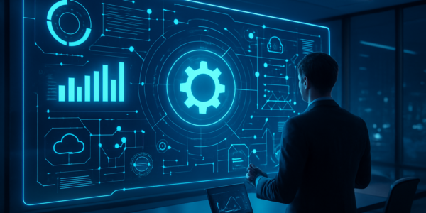 Ilustracja przedstawiająca automatyzację procesów w firmie z nowoczesnym zestawem technologii cyfrowych