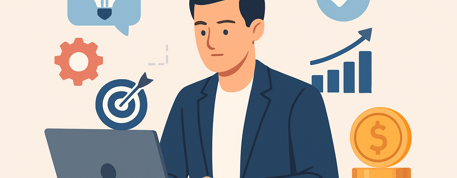 Ilustracja osoby pracującej na laptopie z ikonami symbolizującymi mikrokompetencje i zarabianie online