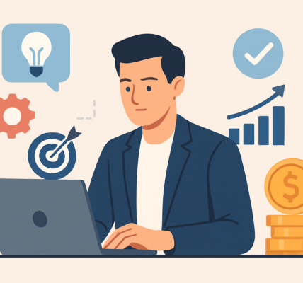 Ilustracja osoby pracującej na laptopie z ikonami symbolizującymi mikrokompetencje i zarabianie online