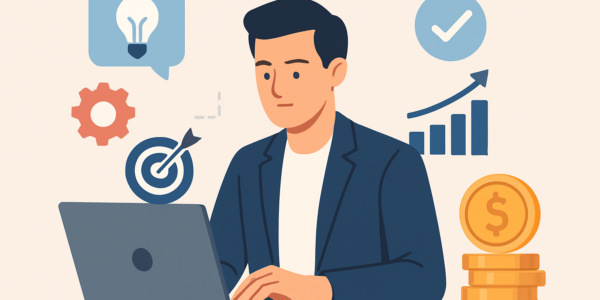 Ilustracja osoby pracującej na laptopie z ikonami symbolizującymi mikrokompetencje i zarabianie online