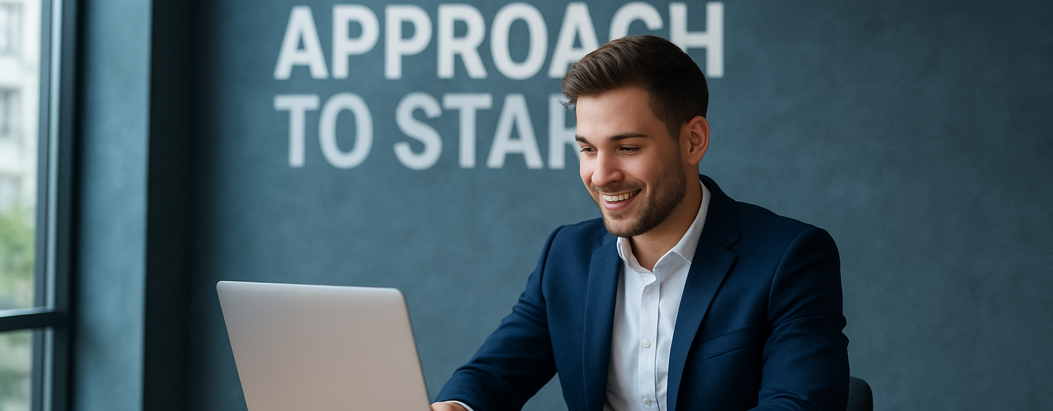 Młody przedsiębiorca testujący pomysł biznesowy na laptopie w nowoczesnym biurze