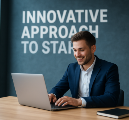 Młody przedsiębiorca testujący pomysł biznesowy na laptopie w nowoczesnym biurze