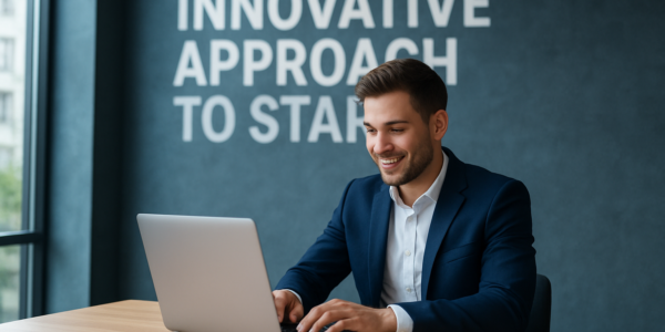 Młody przedsiębiorca testujący pomysł biznesowy na laptopie w nowoczesnym biurze
