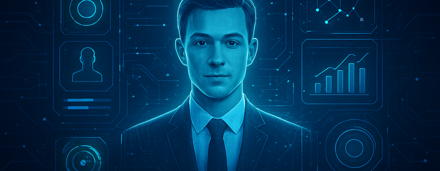 Cyfrowe portfolio pracownika w stylu futurystycznym z elementami interaktywnymi i hologramami