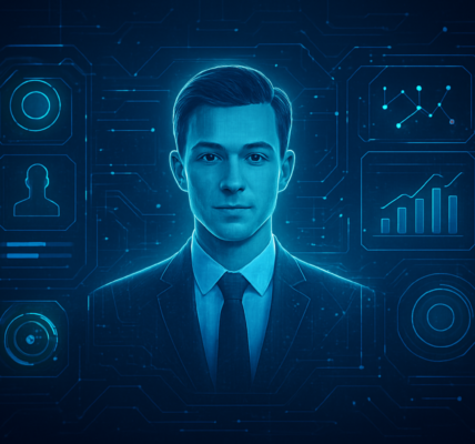 Cyfrowe portfolio pracownika w stylu futurystycznym z elementami interaktywnymi i hologramami