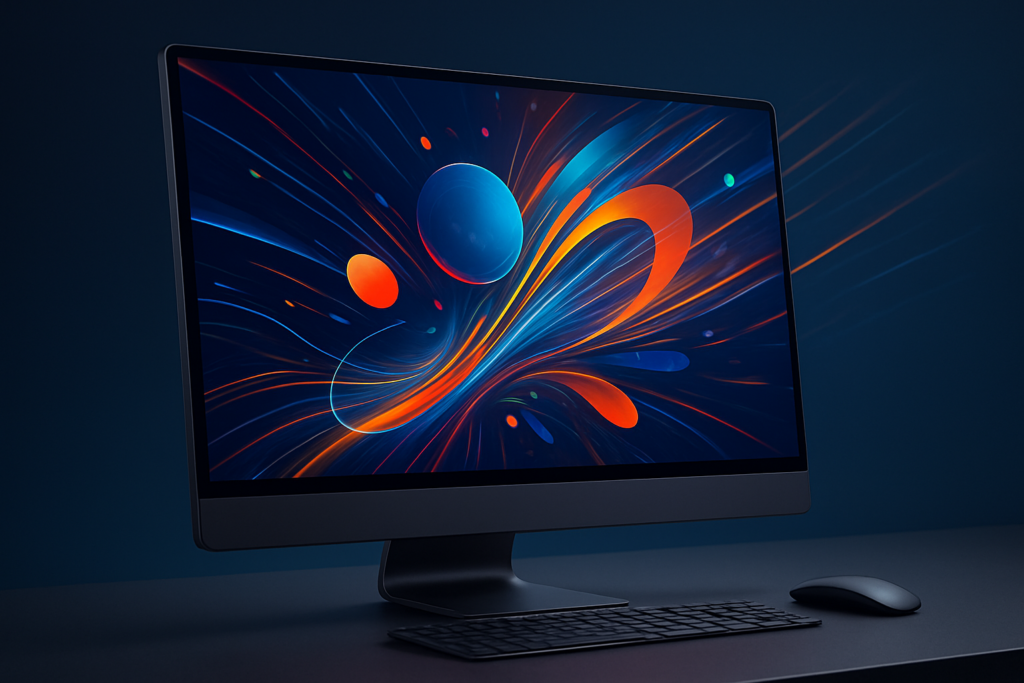 Nowoczesny komputer z generatywnymi motywami graficznymi symbolizującymi AI w designie