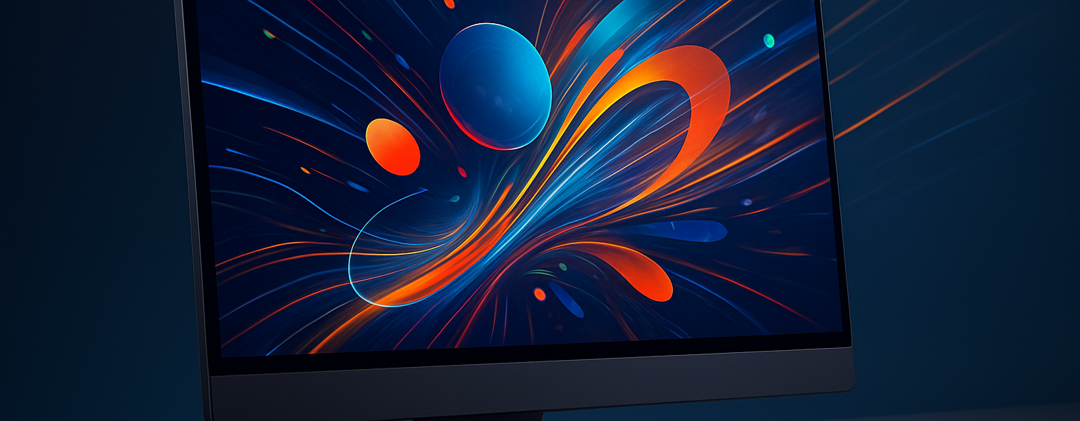 Nowoczesny komputer z generatywnymi motywami graficznymi symbolizującymi AI w designie