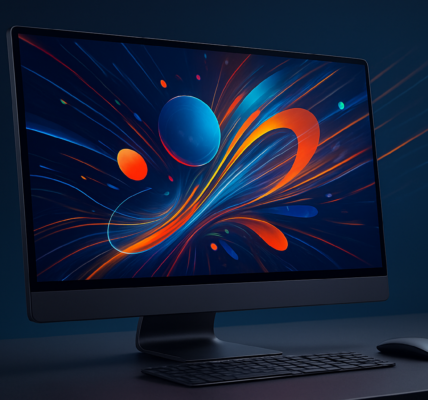 Nowoczesny komputer z generatywnymi motywami graficznymi symbolizującymi AI w designie