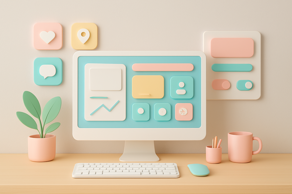 Ilustracja przedstawiająca nowoczesny system designu w minimalistycznym stylu, symbolizujący kreatywność i spójność wizualną marki