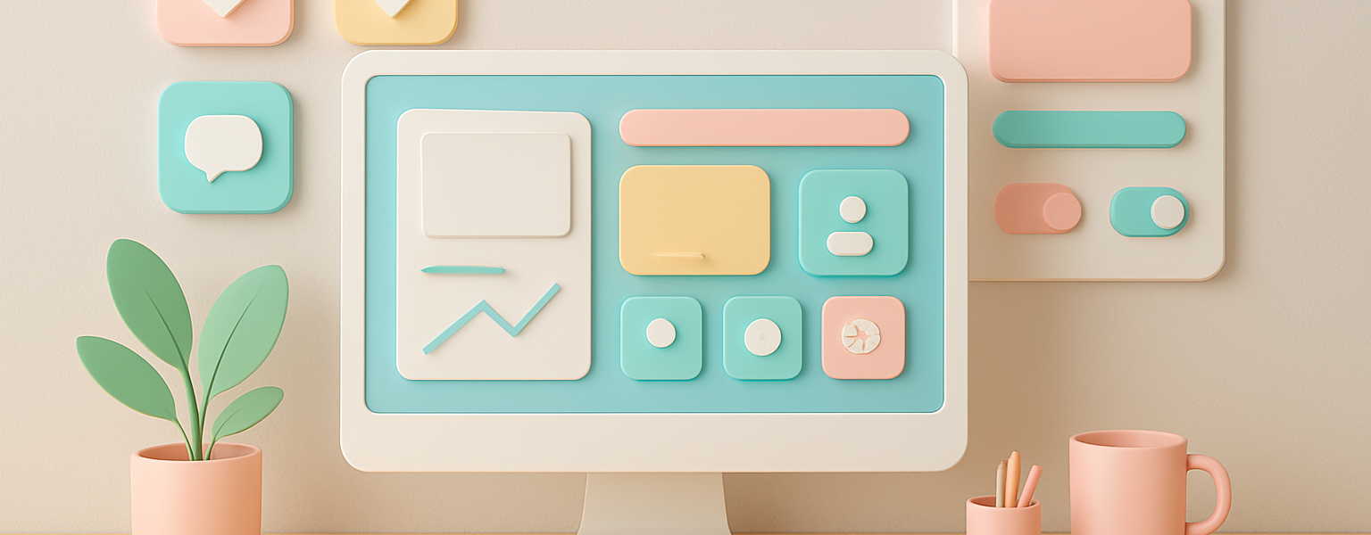 Ilustracja przedstawiająca nowoczesny system designu w minimalistycznym stylu, symbolizujący kreatywność i spójność wizualną marki