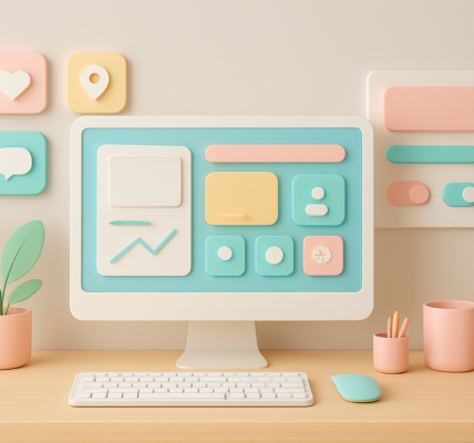 Ilustracja przedstawiająca nowoczesny system designu w minimalistycznym stylu, symbolizujący kreatywność i spójność wizualną marki