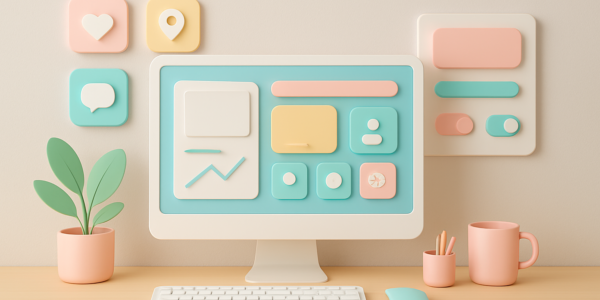 Ilustracja przedstawiająca nowoczesny system designu w minimalistycznym stylu, symbolizujący kreatywność i spójność wizualną marki