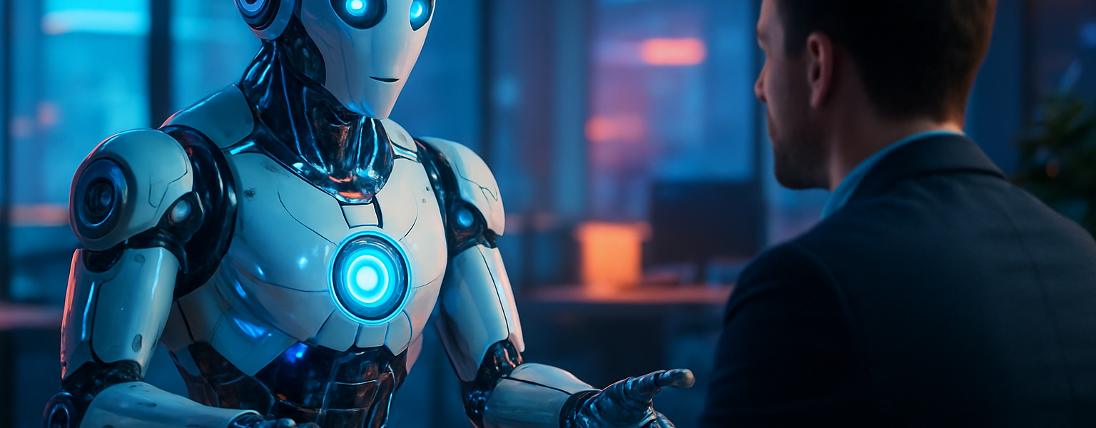 Robot AI obsługujący klienta w nowoczesnym środowisku biurowym