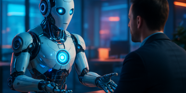 Robot AI obsługujący klienta w nowoczesnym środowisku biurowym