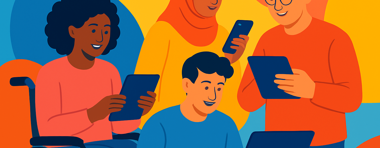 Ilustracja przedstawiająca różnorodnych ludzi korzystających z dostępnych technologii cyfrowych