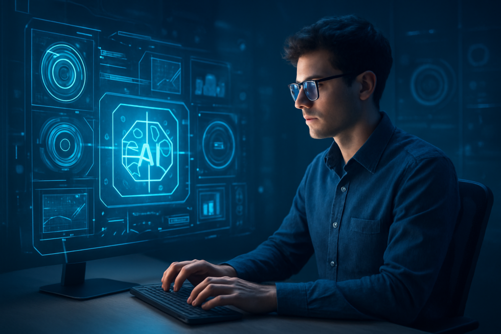 Projektant korzystający z narzędzi AI do tworzenia grafik i projektów