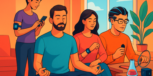 Nowoczesny lifestyle inspirowany nauką, z osobami korzystającymi z technologii zdrowotnych