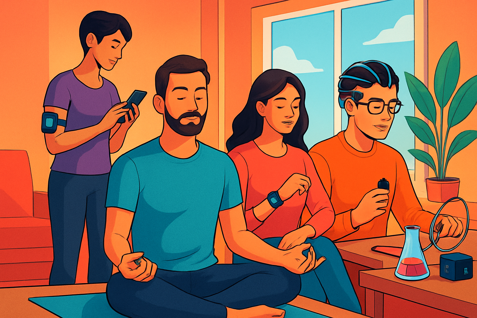 Nowoczesny lifestyle inspirowany nauką, z osobami korzystającymi z technologii zdrowotnych