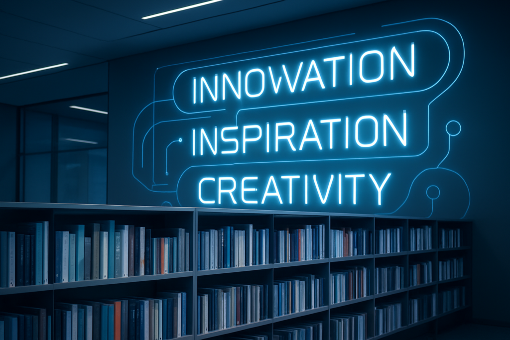 Książki o innowacji na tle futurystycznej biblioteki
