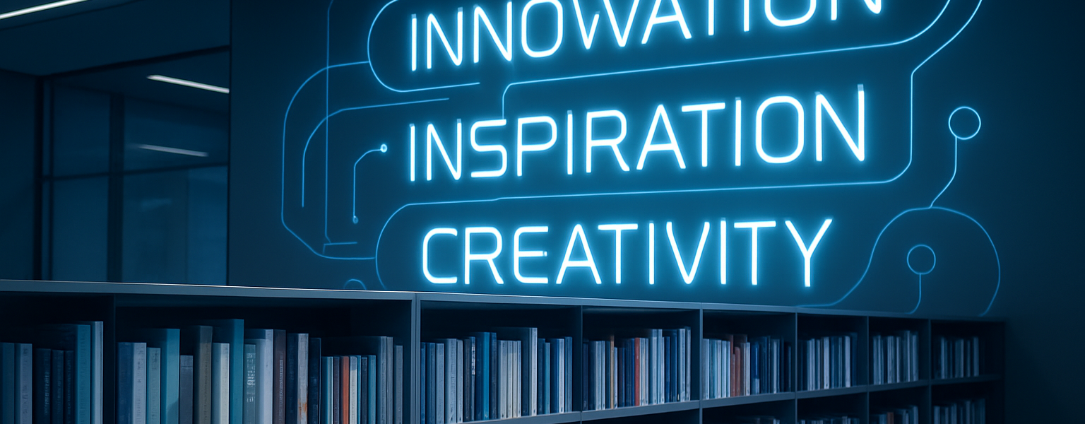 Książki o innowacji na tle futurystycznej biblioteki