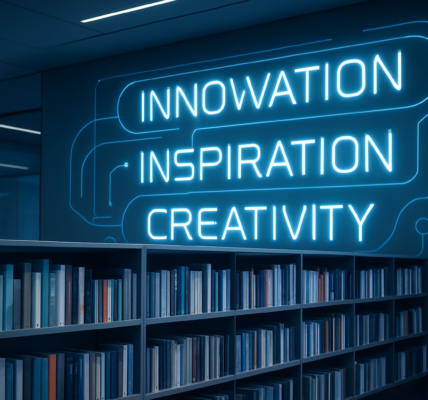 Książki o innowacji na tle futurystycznej biblioteki