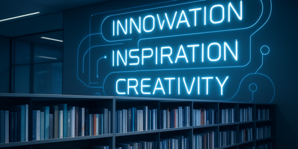 Książki o innowacji na tle futurystycznej biblioteki