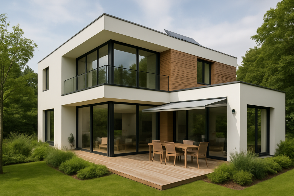 Nowoczesny dom z dużymi oknami, tarasem i elewacją ekologiczną