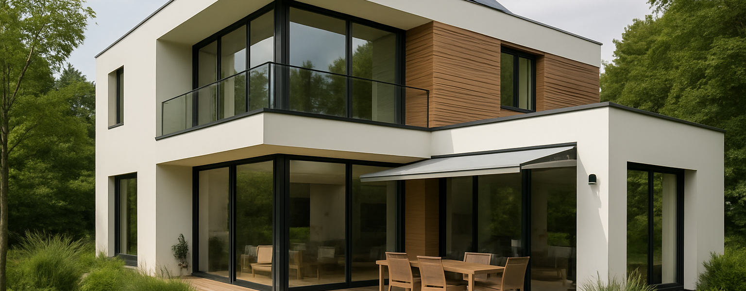 Nowoczesny dom z dużymi oknami, tarasem i elewacją ekologiczną