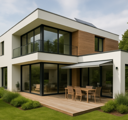 Nowoczesny dom z dużymi oknami, tarasem i elewacją ekologiczną