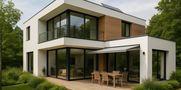 Nowoczesny dom z dużymi oknami, tarasem i elewacją ekologiczną