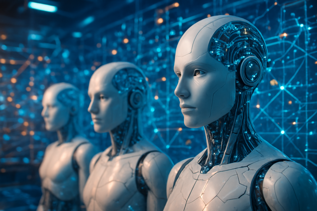 Futurystyczna wizualizacja modeli sztucznej inteligencji i cyfrowych sieci w nowoczesnym środowisku technologicznym