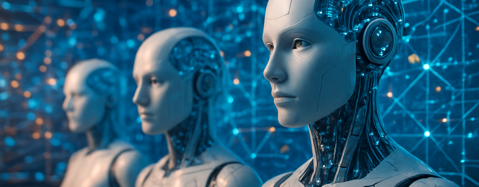 Futurystyczna wizualizacja modeli sztucznej inteligencji i cyfrowych sieci w nowoczesnym środowisku technologicznym