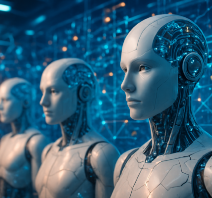 Futurystyczna wizualizacja modeli sztucznej inteligencji i cyfrowych sieci w nowoczesnym środowisku technologicznym